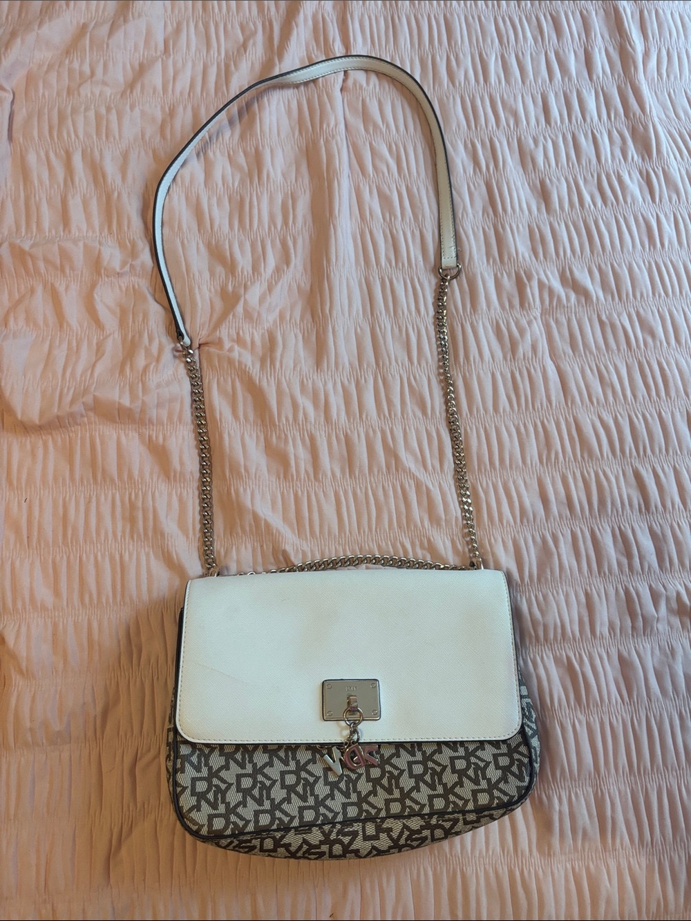 Donna Karan White and Brown Logo-Print Chain Crossbody Bag